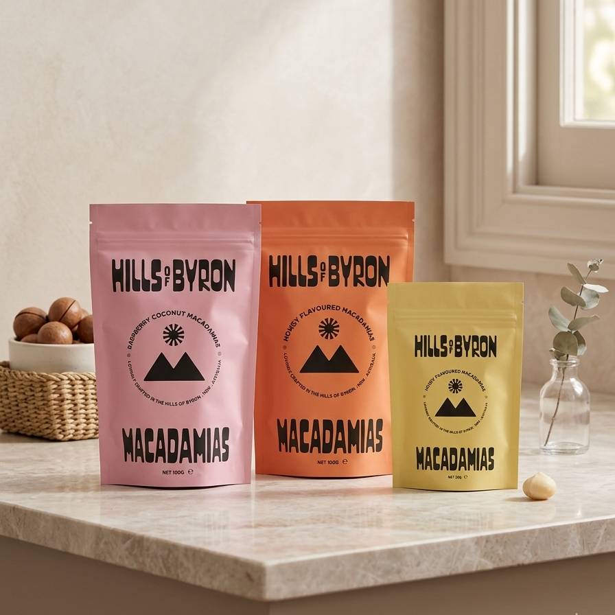 Custom Branded Macadamia Nut Packaging Pouches - 100g/300g Food Safe Stand Up Bags