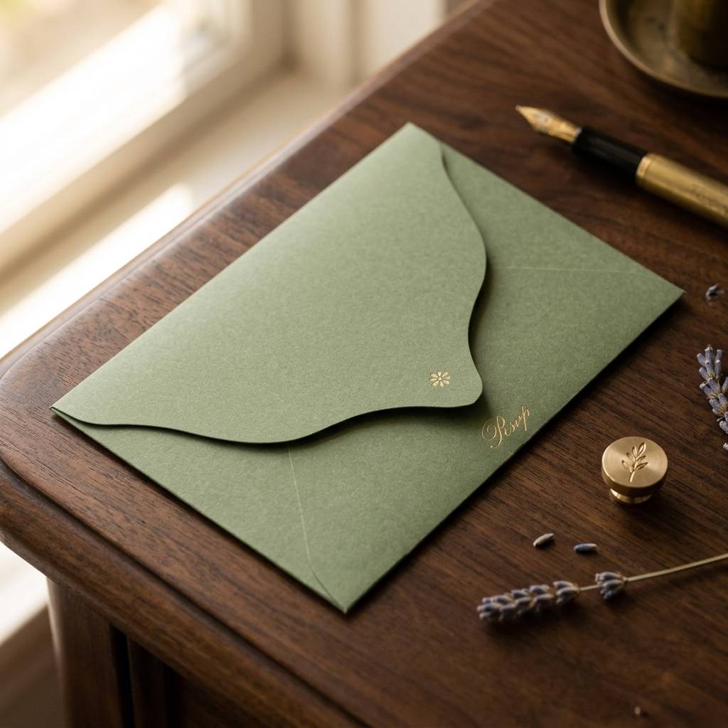 Customizable Forest Green Stationery Envelopes With Gold Metallic Trim