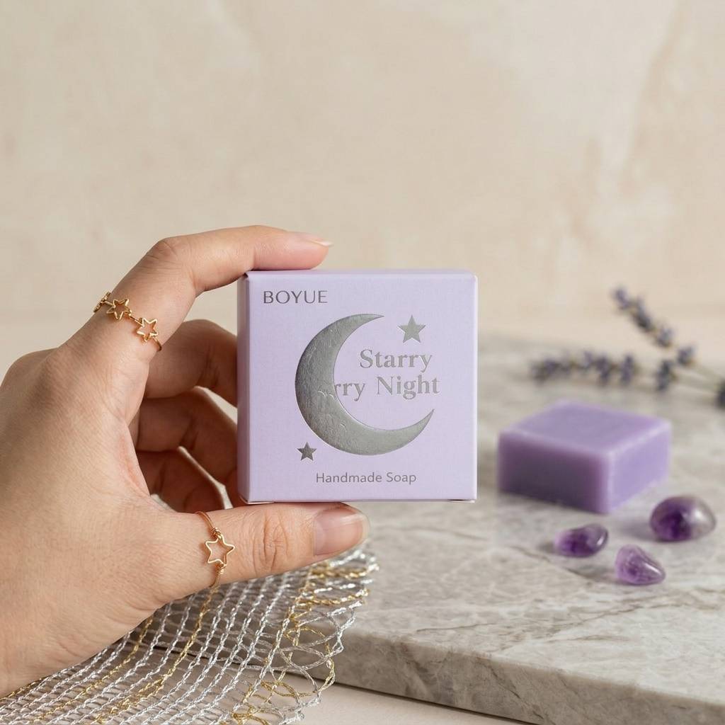 Artisanal Soap Box Packaging In Purple With Silver Details