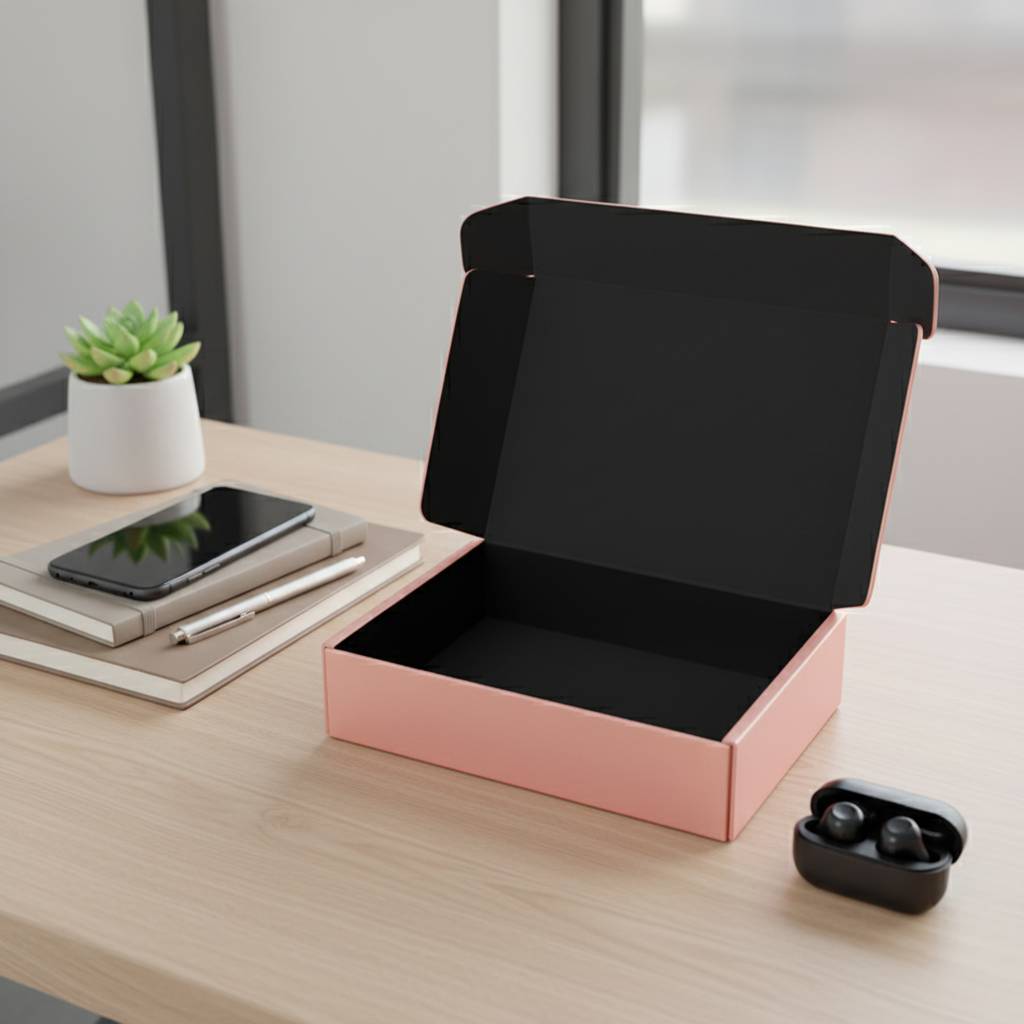 Custom Pink Corrugated Mailer Box With Black Contrast Interior Design