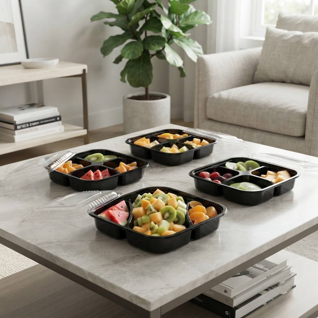 Custom Black PET Plastic Four Compartment Fruit Platter Container Custom Black PET Plastic Four Compartment Fruit Platter Container