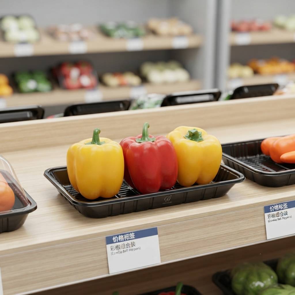 Custom Printed Black PET Packaging For Supermarket Vegetable Merchandising
