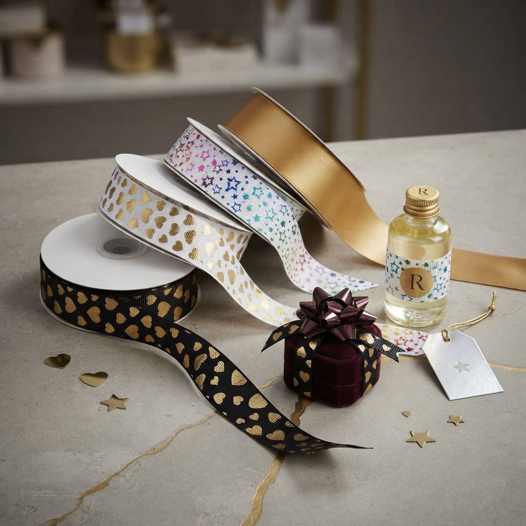 Custom Black And Gold Foil Stamped Satin Ribbons For Gift Wrapping