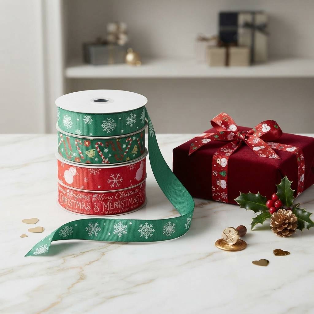 Custom Christmas Red And Green Star Printed Grosgrain Ribbons