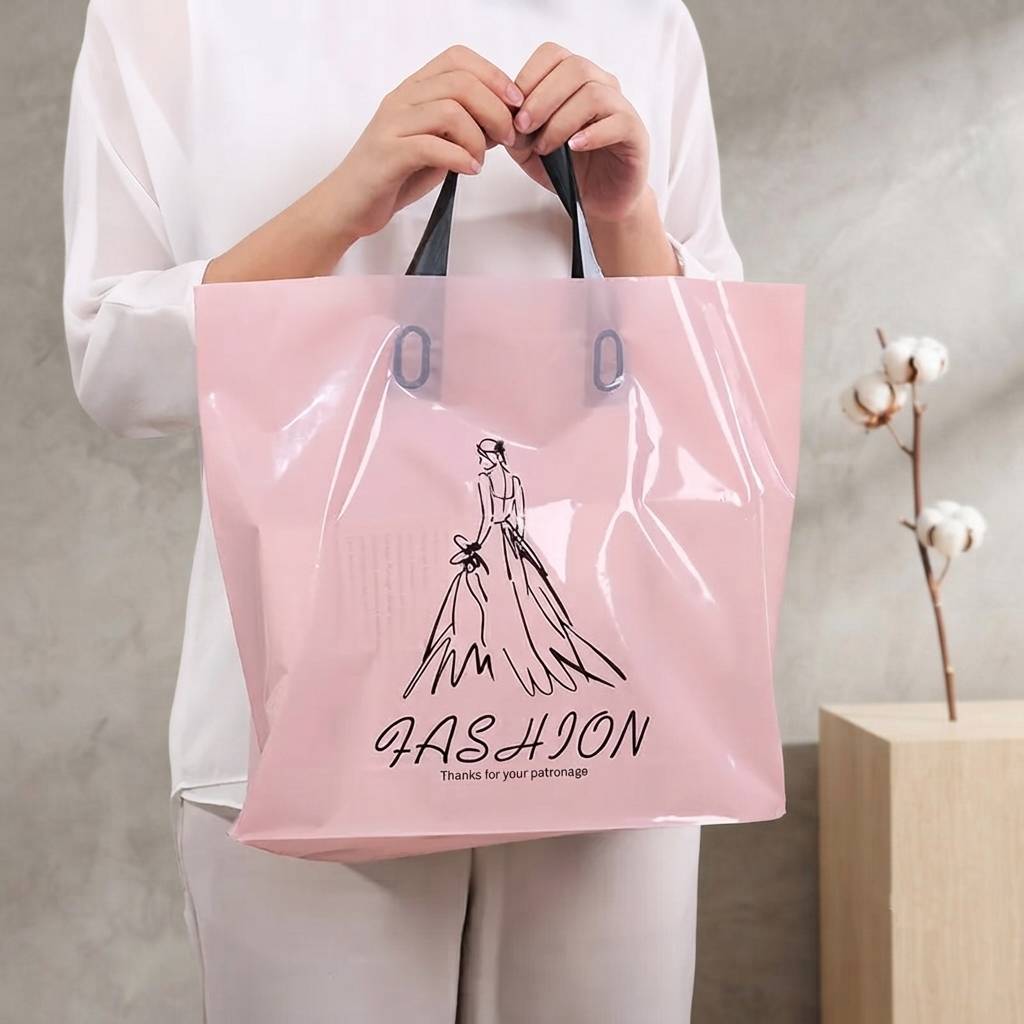 Custom Printed Pink Plastic Shopping Bags With Soft Loop Handles