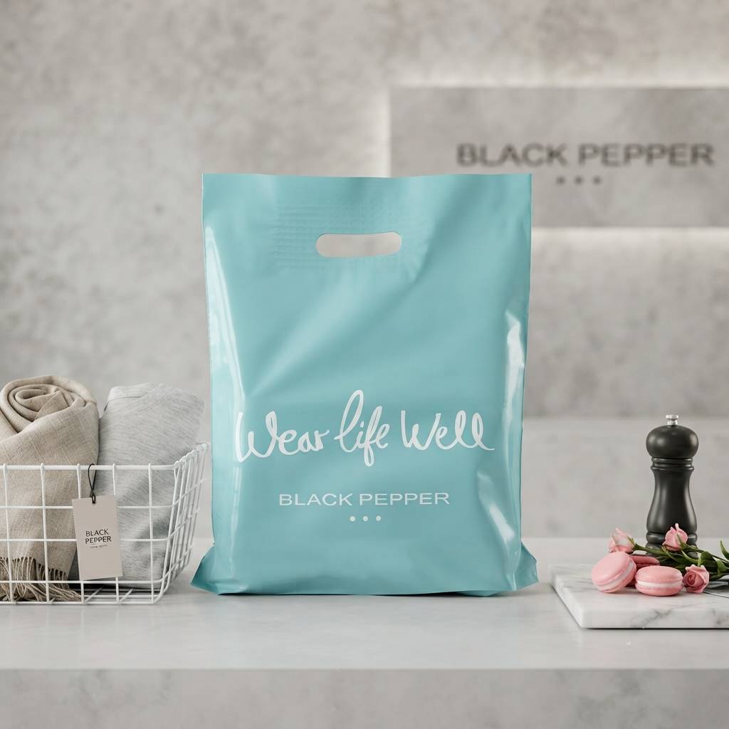 Custom Printed Blue Plastic Shopping Bags With Die Cut Handles