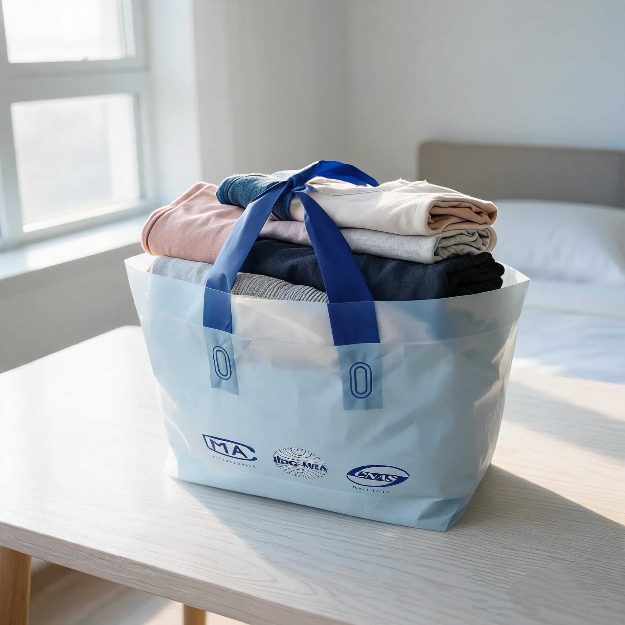 Personalized Waterproof Plastic Merchandise Bags With Blue Loop Handles