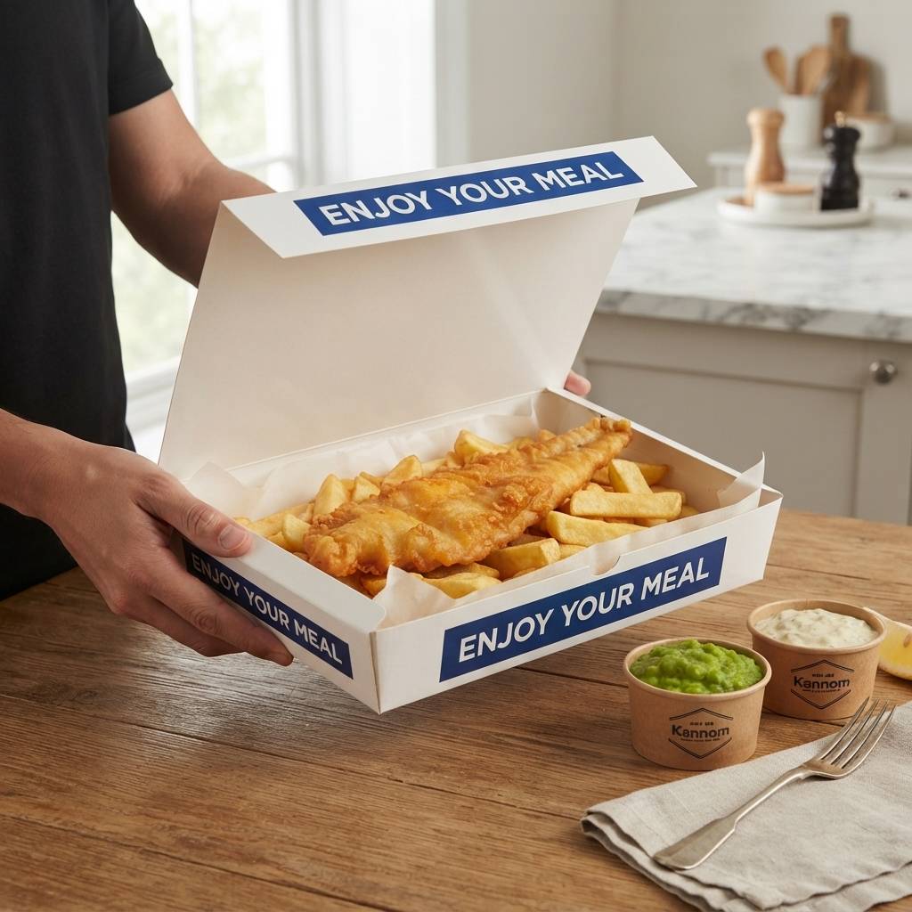Cajas de cartón de papel de calidad alimentaria impresas a medida para pescado con patatas Custom Printed Food Grade Paper Card Boxes for Fish And Chips